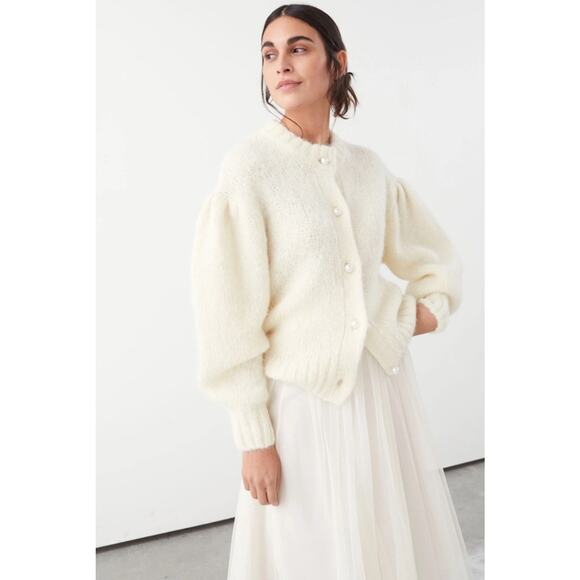 & Other Stories Sweaters - & Other Stories Cream Pearl-Button Puff Sleeve Cardigan